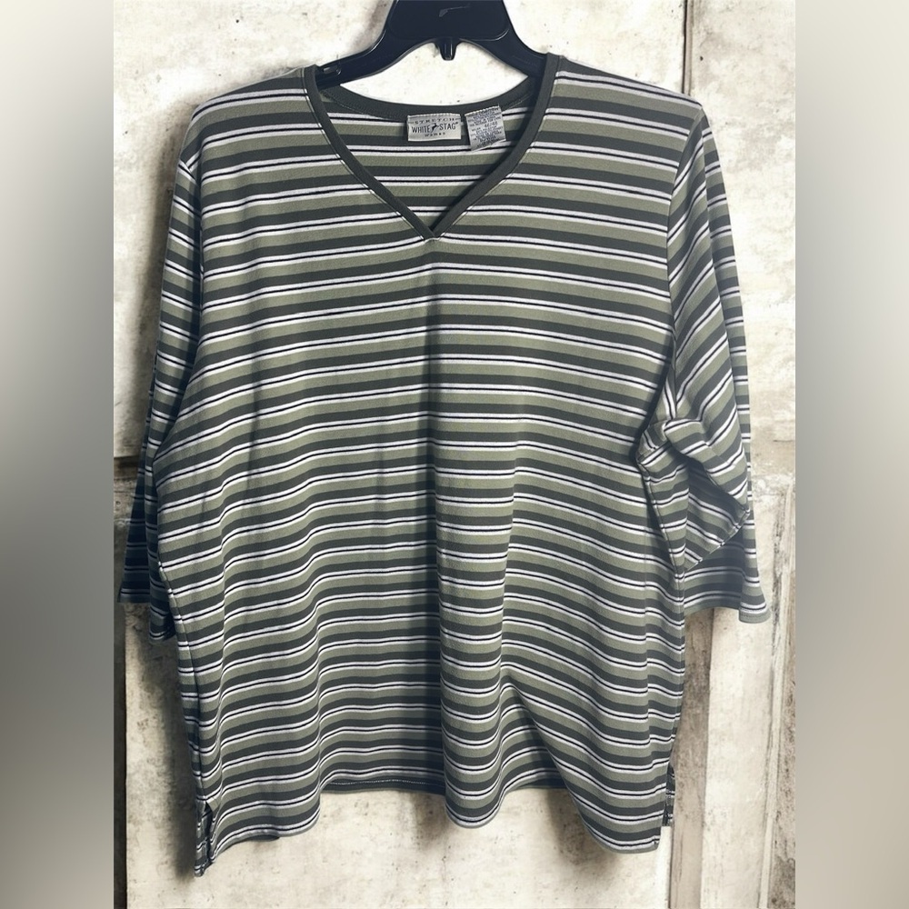 White Stag Olive and White Striped V Neck 3/4 Sleeve Blouse Top T-Shirt 26W